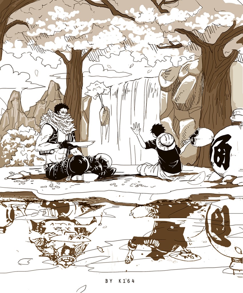 monkey d. luffy, gol d. roger, charlotte katakuri, and edward newgate (one piece) drawn by k164