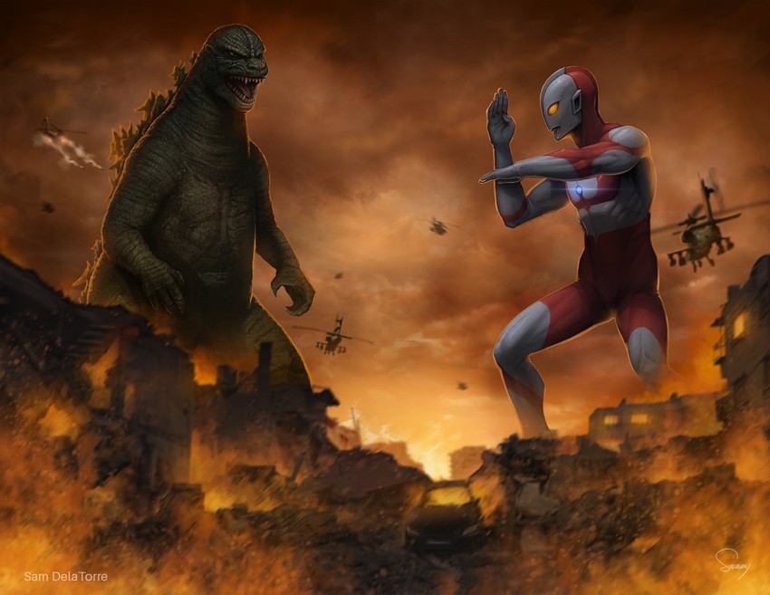 godzilla and ultraman (ultra series and 2 more) drawn by sam_delatore