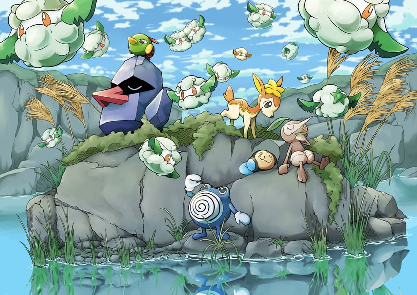 deerling, poliwhirl, cottonee, tympole, nosepass, and 1 more (pokemon) drawn by q-chan