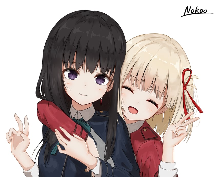 nishikigi chisato and inoue takina (lycoris recoil) drawn by nokoo