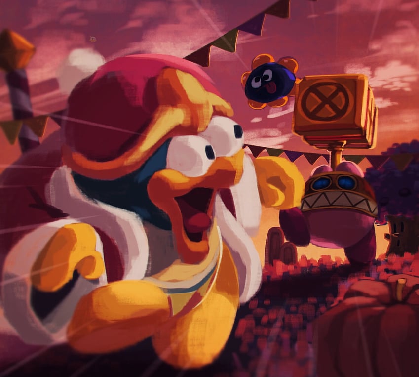 kirby, king dedede, gooey, whispy woods, jobski, and 1 more (kirby and 1 more) drawn by suyasuyabi