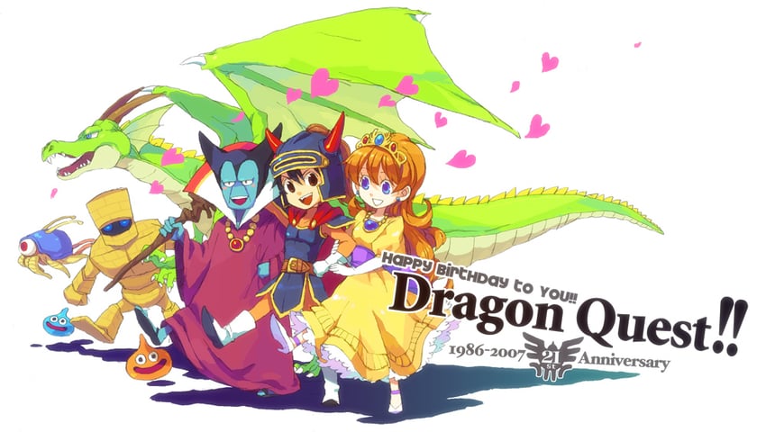 slime, hero, princess laura, dragon lord, she-slime, and 3 more (dragon quest and 1 more) drawn by ebira