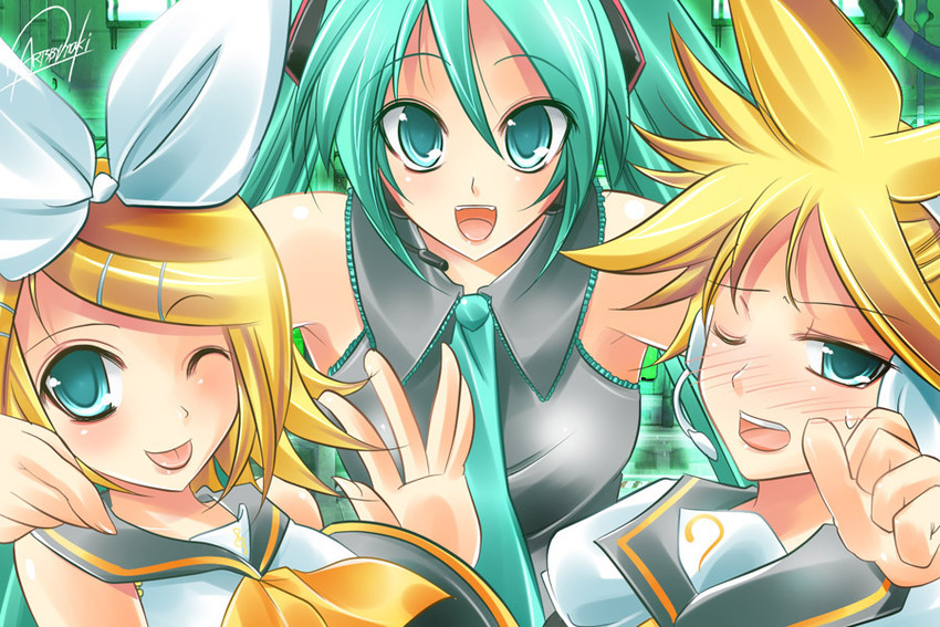 hatsune miku, kagamine rin, and kagamine len (vocaloid) drawn by maki_(seventh_heaven_maxion)