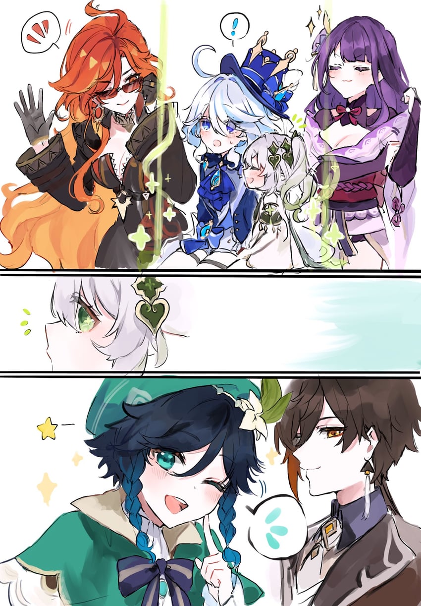 raiden shogun, furina, nahida, zhongli, venti, and 1 more (genshin impact) drawn by shinoo0915