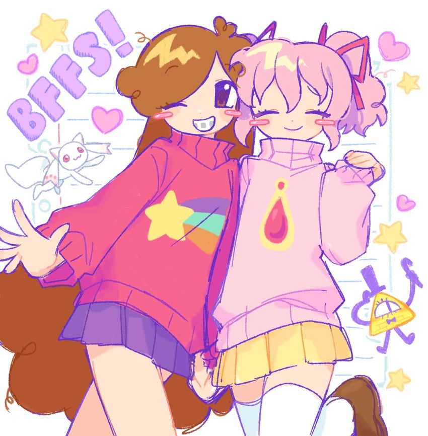 kaname madoka, kyubey, mabel pines, and bill cipher (mahou shoujo madoka magica and 1 more) drawn by mdkm444