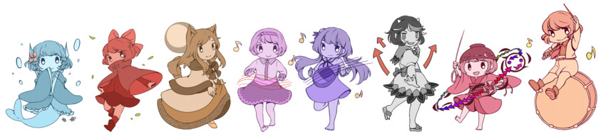 imaizumi kagerou, sekibanki, kijin seija, sukuna shinmyoumaru, wakasagihime, and 3 more (touhou and 1 more) drawn by nekolina