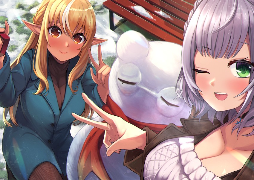 shirogane noel and shiranui flare (hololive) drawn by amane_sora