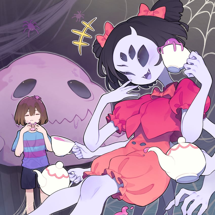 frisk, muffet, and muffet's pet (undertale) drawn by garasuno