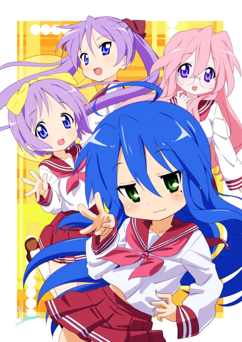 hiiragi kagami, izumi konata, hiiragi tsukasa, and takara miyuki (lucky star) drawn by yoshinaga_masahiro