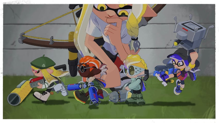 inkling player character, inkling girl, octoling player character, inkling boy, octoling boy, and 3 more (splatoon) drawn by hyper_chikuwabu