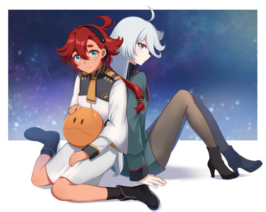 suletta mercury, miorine rembran, and haro (gundam and 1 more) drawn by mikami_(nemu_mohu)
