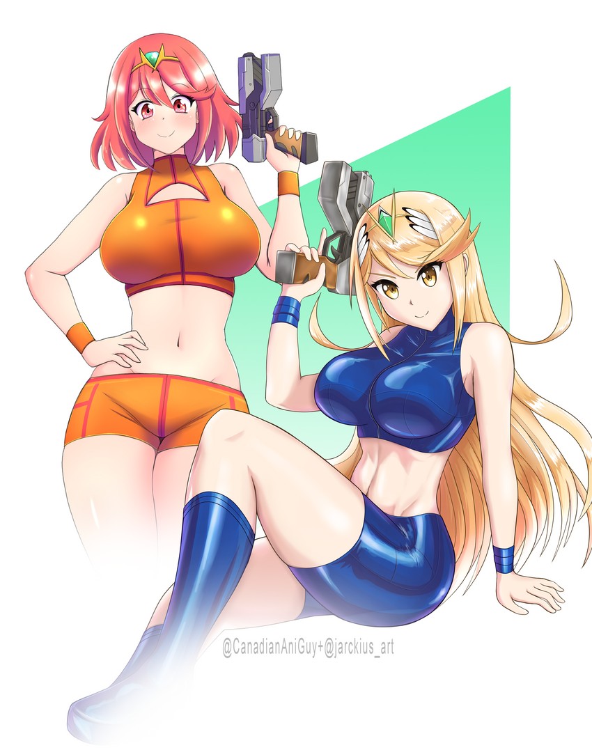pyra, mythra, and samus aran (xenoblade chronicles and 5 more) drawn by jarckius