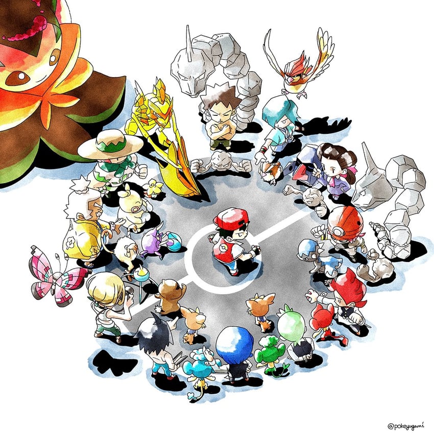 red, cheren, brock, pidgey, roxanne, and 26 more (pokemon and 9 more) drawn by pokeyugami