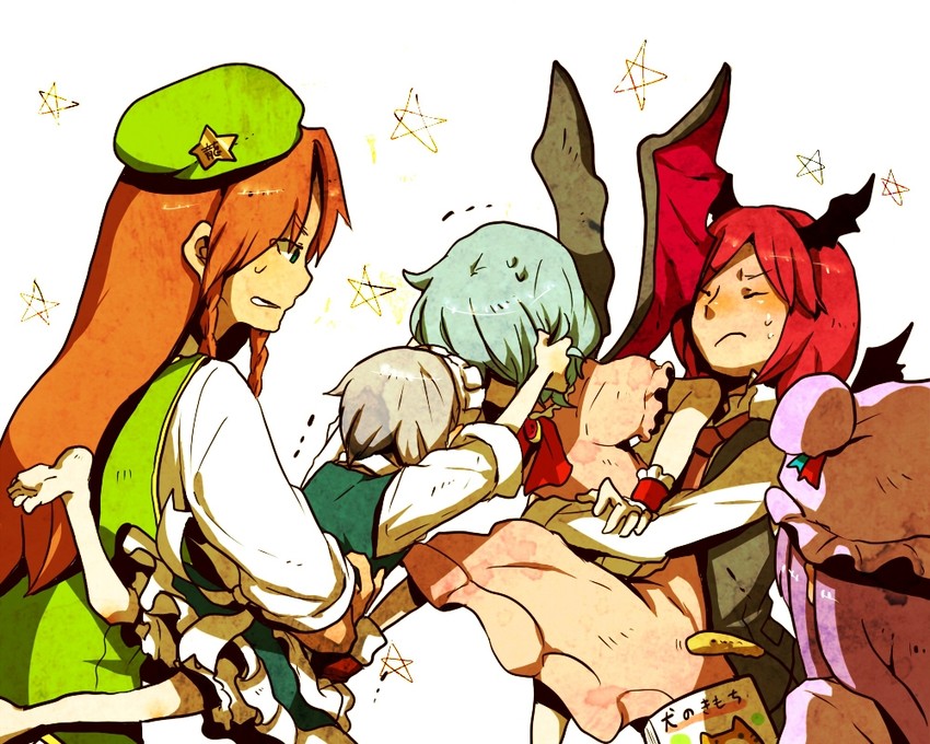 remilia scarlet, izayoi sakuya, patchouli knowledge, hong meiling, and koakuma (touhou) drawn by kurau_kii