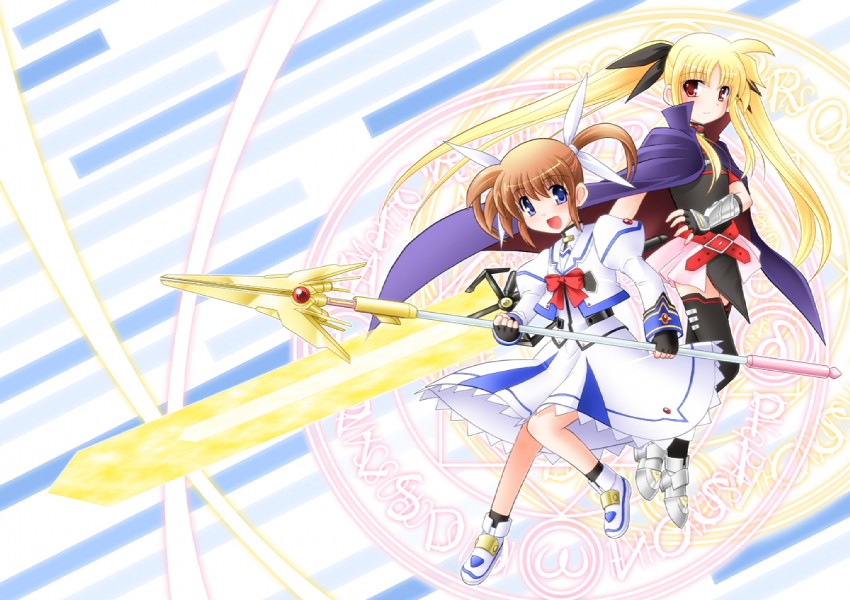 fate testarossa, takamachi nanoha, raising heart, and bardiche (lyrical nanoha and 2 more) drawn by sumeragi_kou