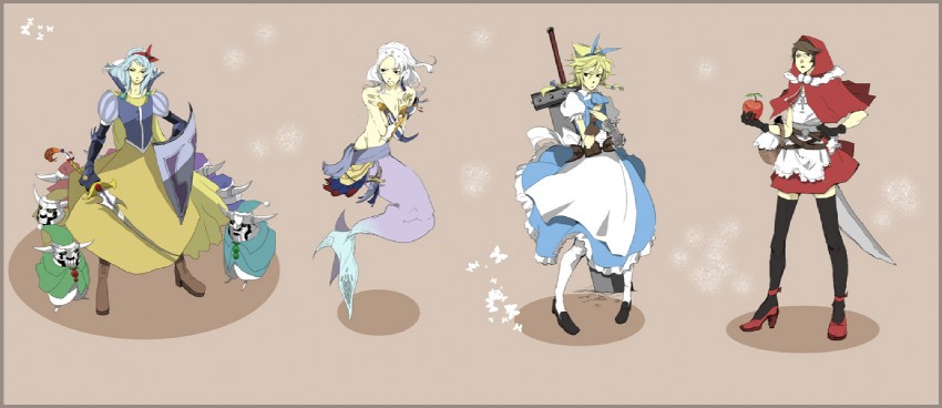 cloud strife, alice, little red riding hood, squall leonhart, cecil harvey, and 4 more (final fantasy and 9 more) drawn by momochi_(orrizonte)