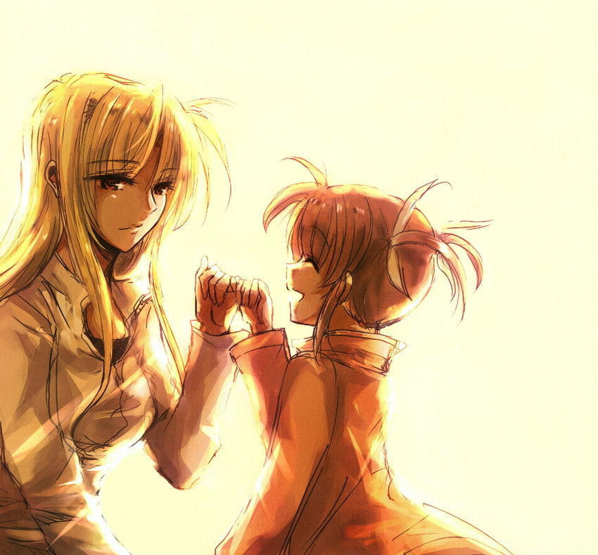 fate testarossa and takamachi nanoha (lyrical nanoha and 2 more) drawn by yuuyu_(777)