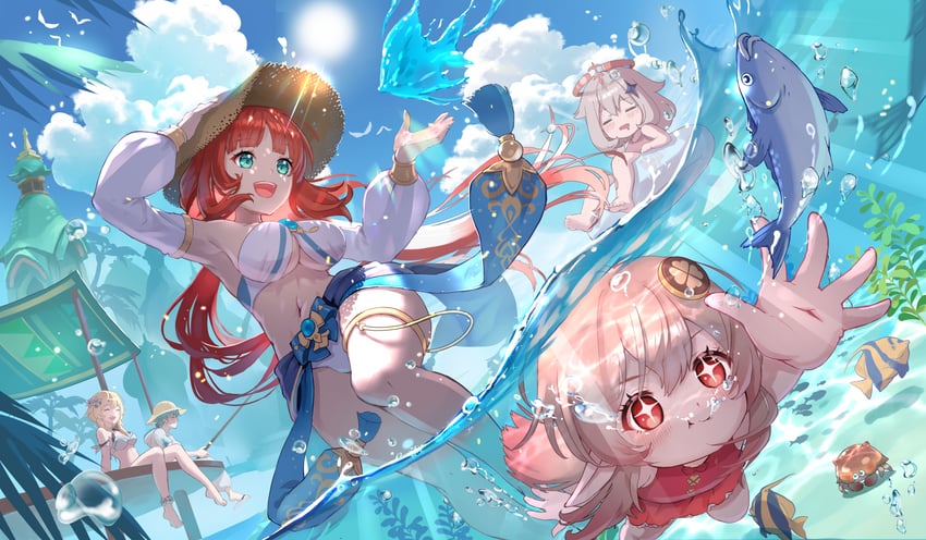 lumine, paimon, klee, nilou, and chongyun (genshin impact) drawn by nyansan_oekaki