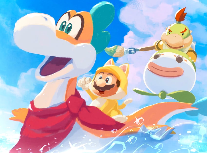 mario, bowser jr., junior clown car, cat mario, and plessie (mario and 2 more) drawn by suyasuyabi