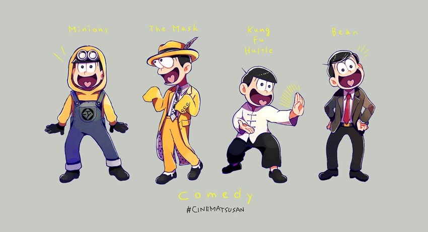 matsuno jyushimatsu, minion, mr. bean, the mask, stanley ipkiss, and 1 more (osomatsu and 6 more) drawn by tsuyuxxx