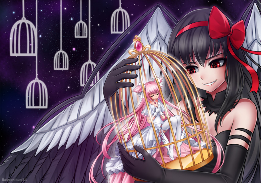 akemi homura, kaname madoka, ultimate madoka, and akuma homura (mahou shoujo madoka magica and 1 more) drawn by racoon-kun