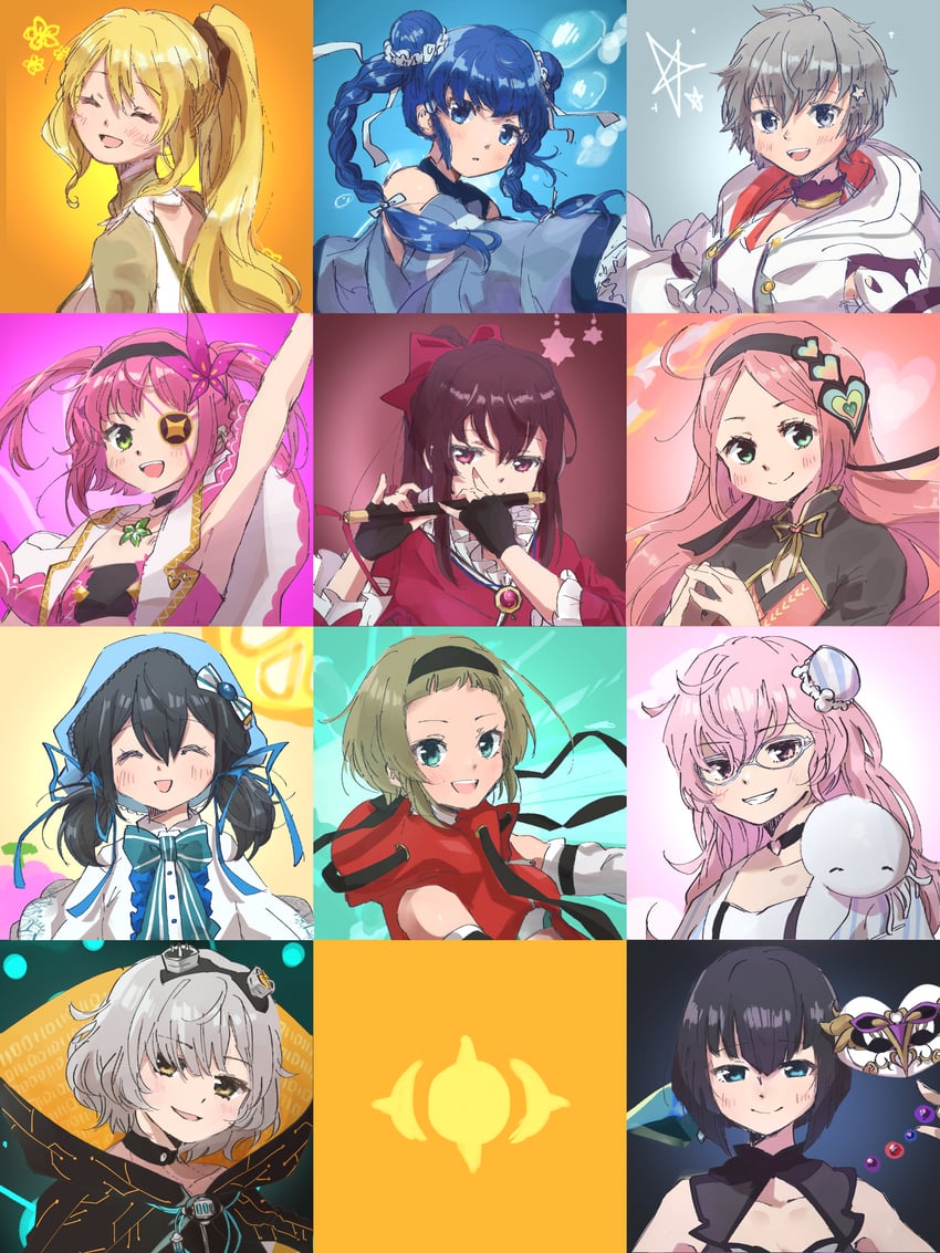 togame momoko, miwa mitsune, kazari jun, amane tsukuyo, chiaki riko, and 6 more (mahou shoujo madoka magica and 1 more) drawn by homocacti