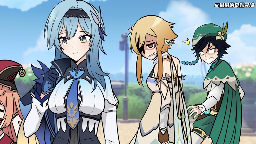 lumine, venti, eula, and yanfei (genshin impact) drawn by dio_v_zhou