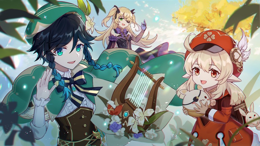 venti, klee, fischl, and dodoco (genshin impact) drawn by seigaaaa