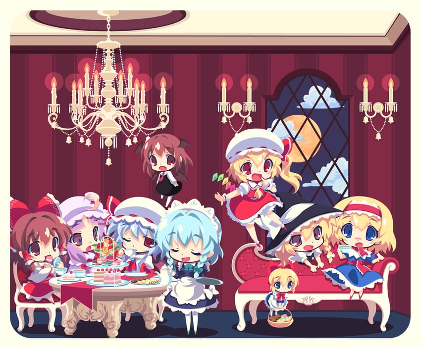 hakurei reimu, kirisame marisa, remilia scarlet, flandre scarlet, izayoi sakuya, and 4 more (touhou) drawn by lumine_(2339)