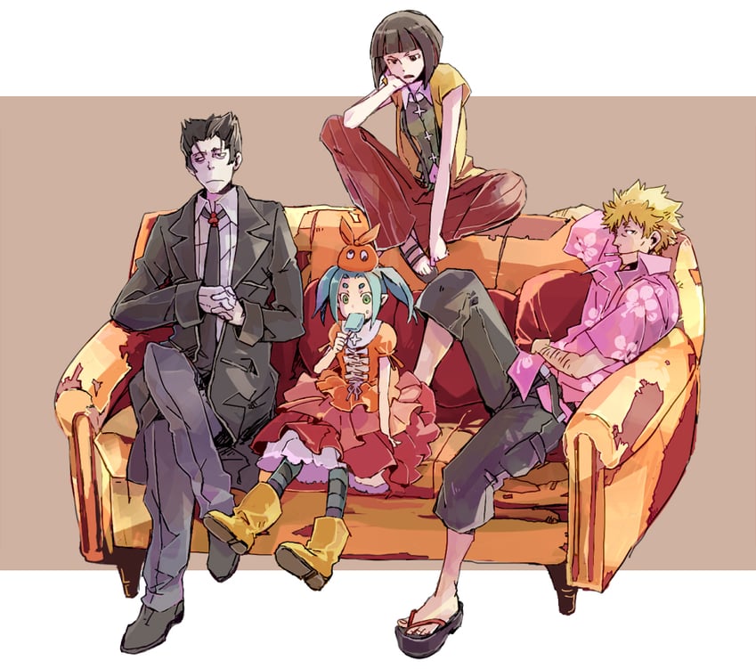ononoki yotsugi, oshino meme, kaiki deishuu, and kagenui yozuru (monogatari) drawn by toge_(owannun)