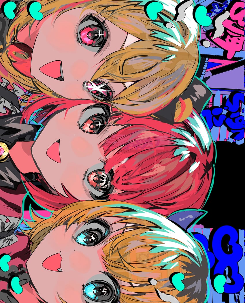 arima kana, hoshino ruby, and memcho (oshi no ko) drawn by momae_mac