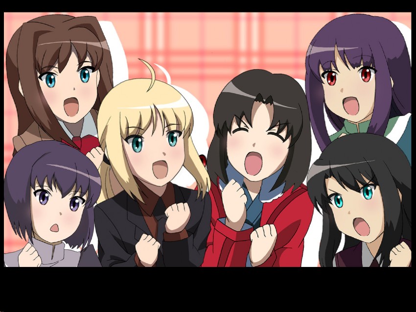 artoria pendragon, saber, ryougi shiki, aozaki aoko, kuonji alice, and 2 more (fate and 5 more) drawn by tsubaki_(tsubakiyasan)