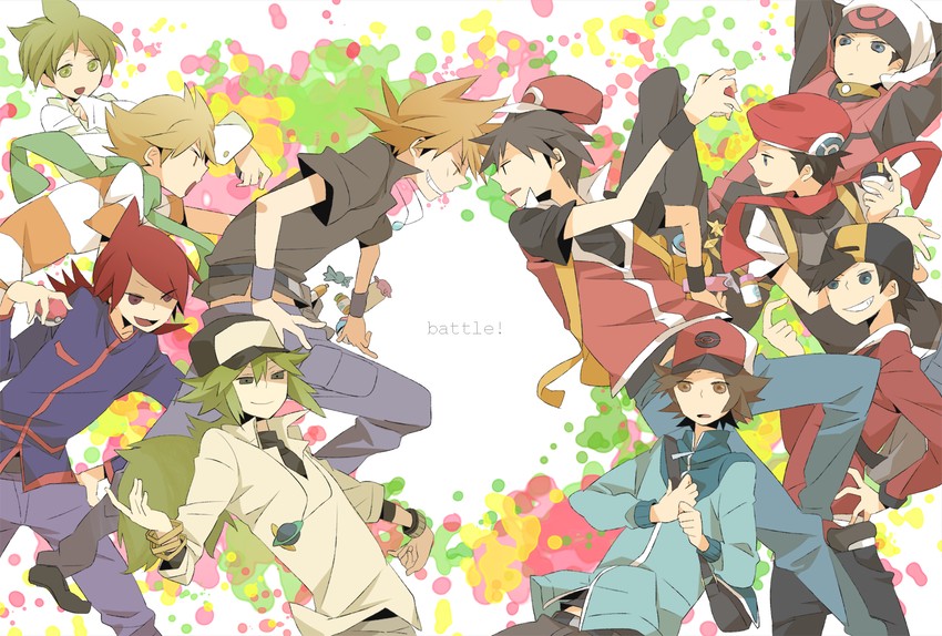 red, ethan, blue oak, hilbert, n, and 6 more (pokemon and 6 more) drawn by kinari