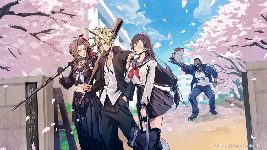 tifa lockhart, cloud strife, aerith gainsborough, and barret wallace (final fantasy and 3 more) drawn by fujise_lisa
