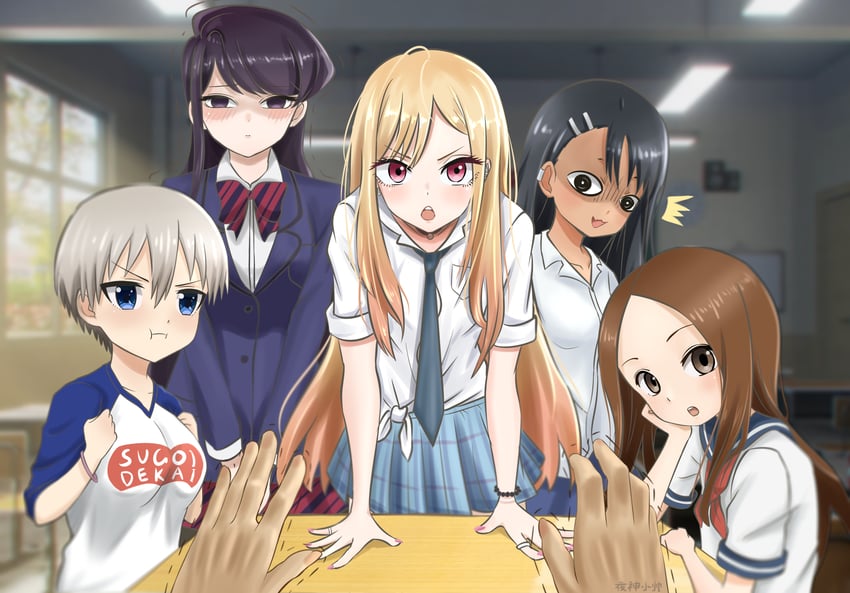 kitagawa marin, komi shouko, nagatoro hayase, takagi-san, and uzaki hana (sono bisque doll wa koi wo suru and 4 more) drawn by too and yeshen_xiaoshuai