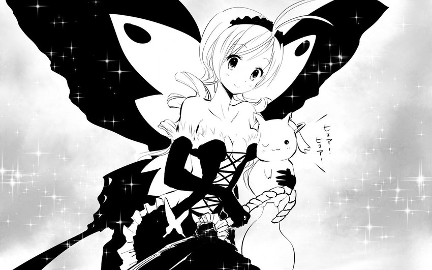 tomoe mami, kyubey, and kuroyukihime (mahou shoujo madoka magica and 1 more) drawn by yoshinogai