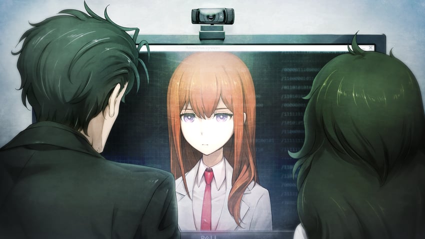 makise kurisu, okabe rintarou, and hiyajou maho (steins;gate and 1 more) drawn by huke