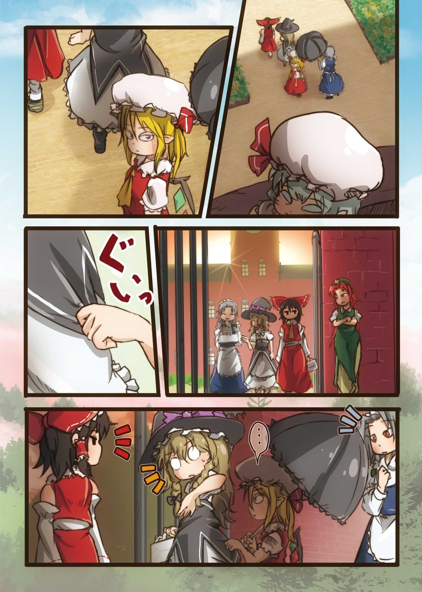 hakurei reimu, kirisame marisa, remilia scarlet, flandre scarlet, izayoi sakuya, and 1 more (touhou) drawn by chamaji