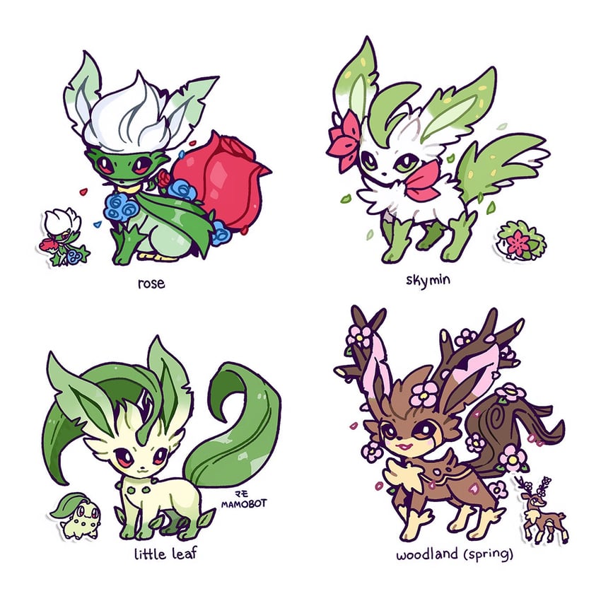 leafeon, chikorita, shaymin, roserade, and sawsbuck (pokemon) drawn by mamobot