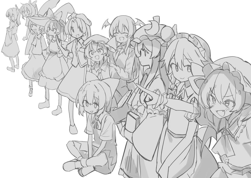hakurei reimu, kirisame marisa, remilia scarlet, flandre scarlet, izayoi sakuya, and 6 more (touhou and 1 more) drawn by ririo_(mitsumatario)