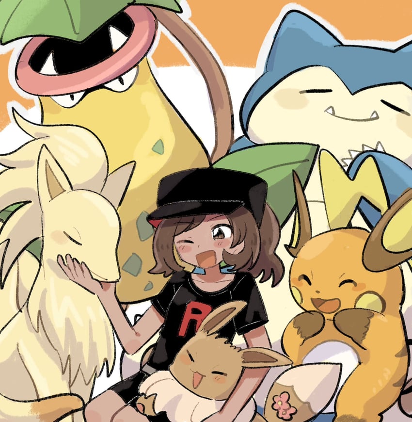 eevee, raichu, snorlax, ninetales, elaine, and 1 more (pokemon and 1 more) drawn by han0579