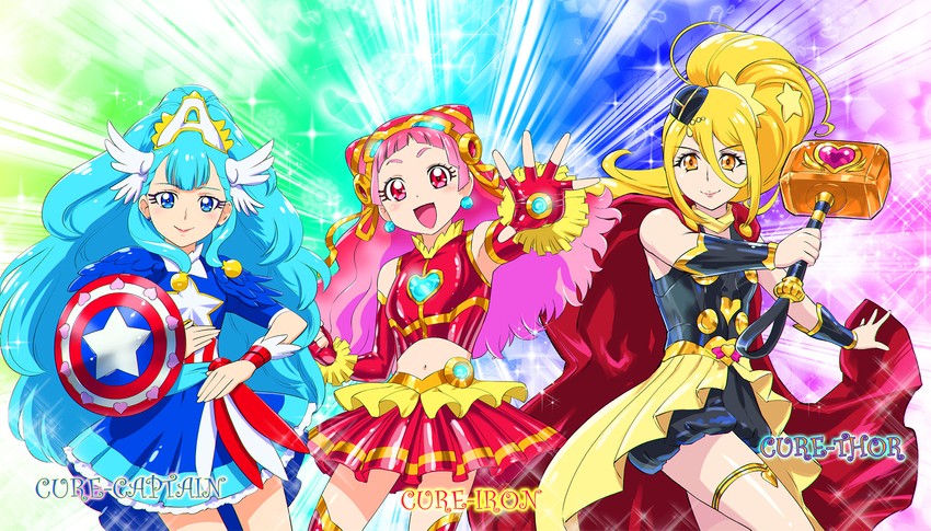 captain america, iron man, nono hana, yakushiji saaya, thor, and 4 more (precure and 3 more) drawn by ueyama_michirou