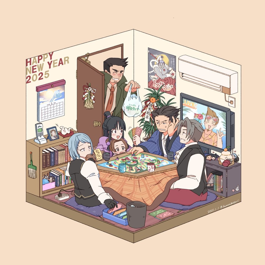 phoenix wright, miles edgeworth, maya fey, franziska von karma, dick gumshoe, and 3 more (ace attorney and 1 more) drawn by hamanoguriguri