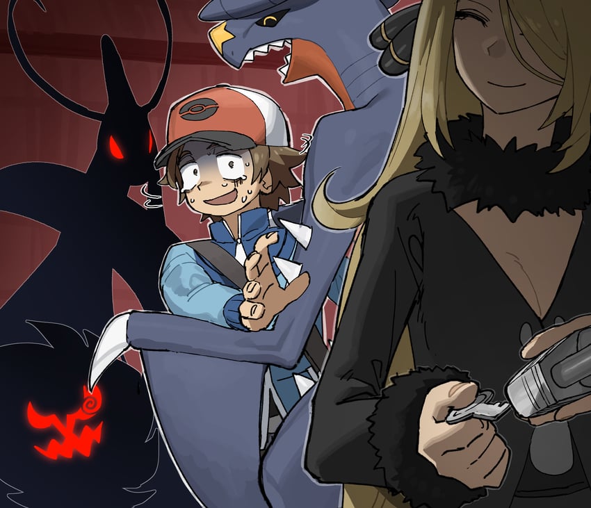 cynthia, hilbert, garchomp, milotic, and spiritomb (pokemon and 1 more) drawn by jeongchebulmyeongingan