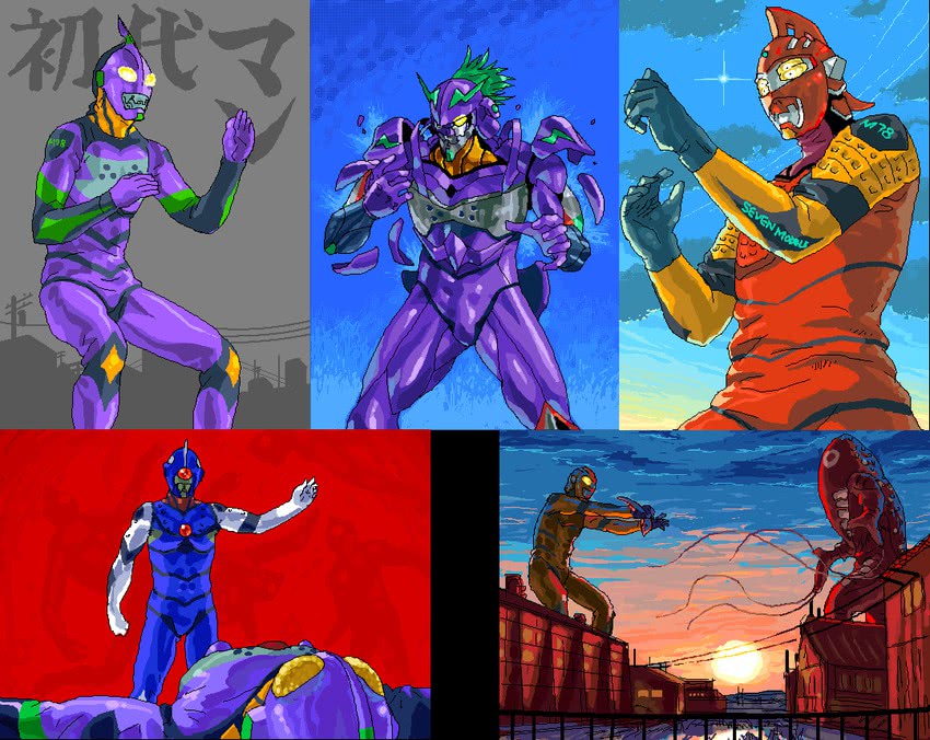 eva 02, eva 01, eva 00, ultraman, ultraseven, and 3 more (neon genesis evangelion and 3 more) drawn by funbolt