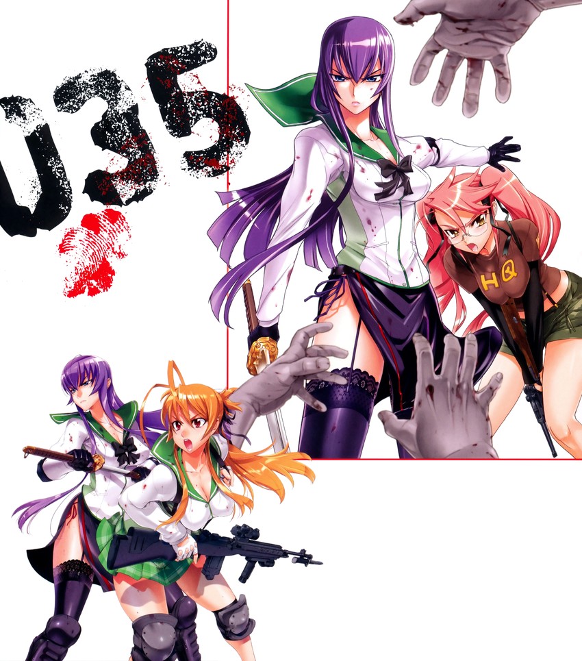 busujima saeko, takagi saya, and miyamoto rei (highschool of the dead) drawn by satou_shouji