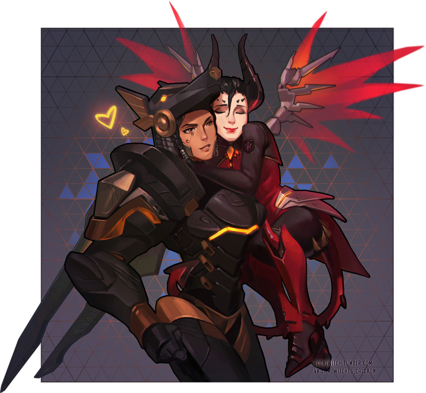 mercy, pharah, and devil mercy (overwatch and 1 more) drawn by rokiwitch