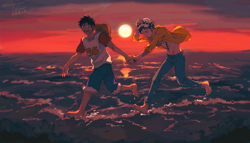 monkey d. luffy and trafalgar law (one piece) drawn by demorzel