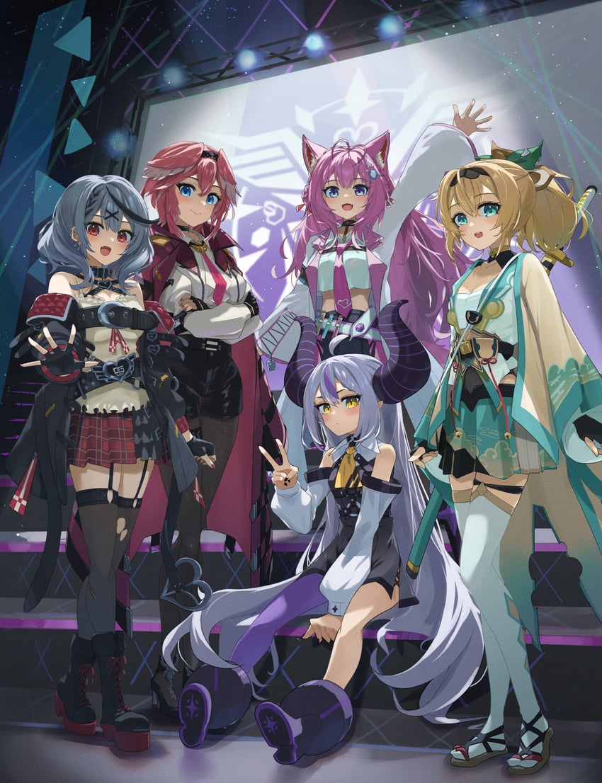sakamata chloe, la+ darknesss, hakui koyori, kazama iroha, and takane lui (hololive) drawn by long_(haruki-7)