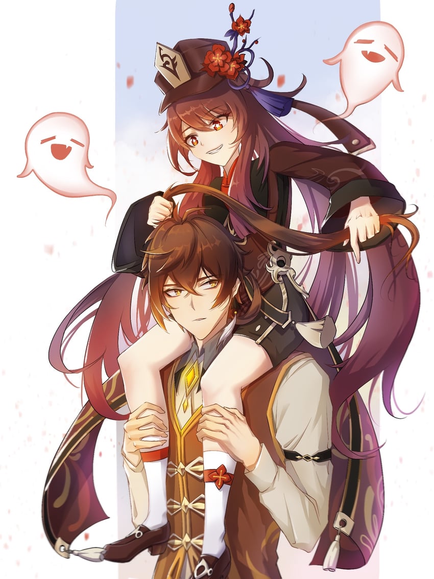 hu tao, zhongli, and boo tao (genshin impact) drawn by chenzcy